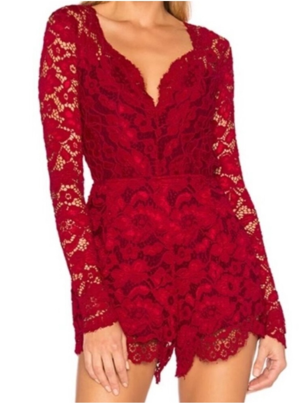 Lovers + Friends Red Lace Long-Sleeve Romper